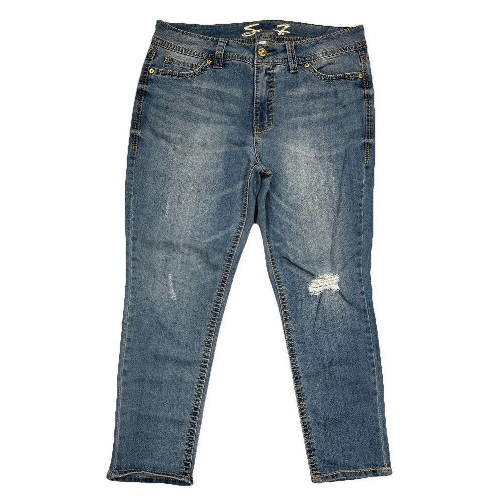 Seven7 Starlette Jeans Womens 16 Mid Rise Skinny Crop Distress Measures 36 x 25